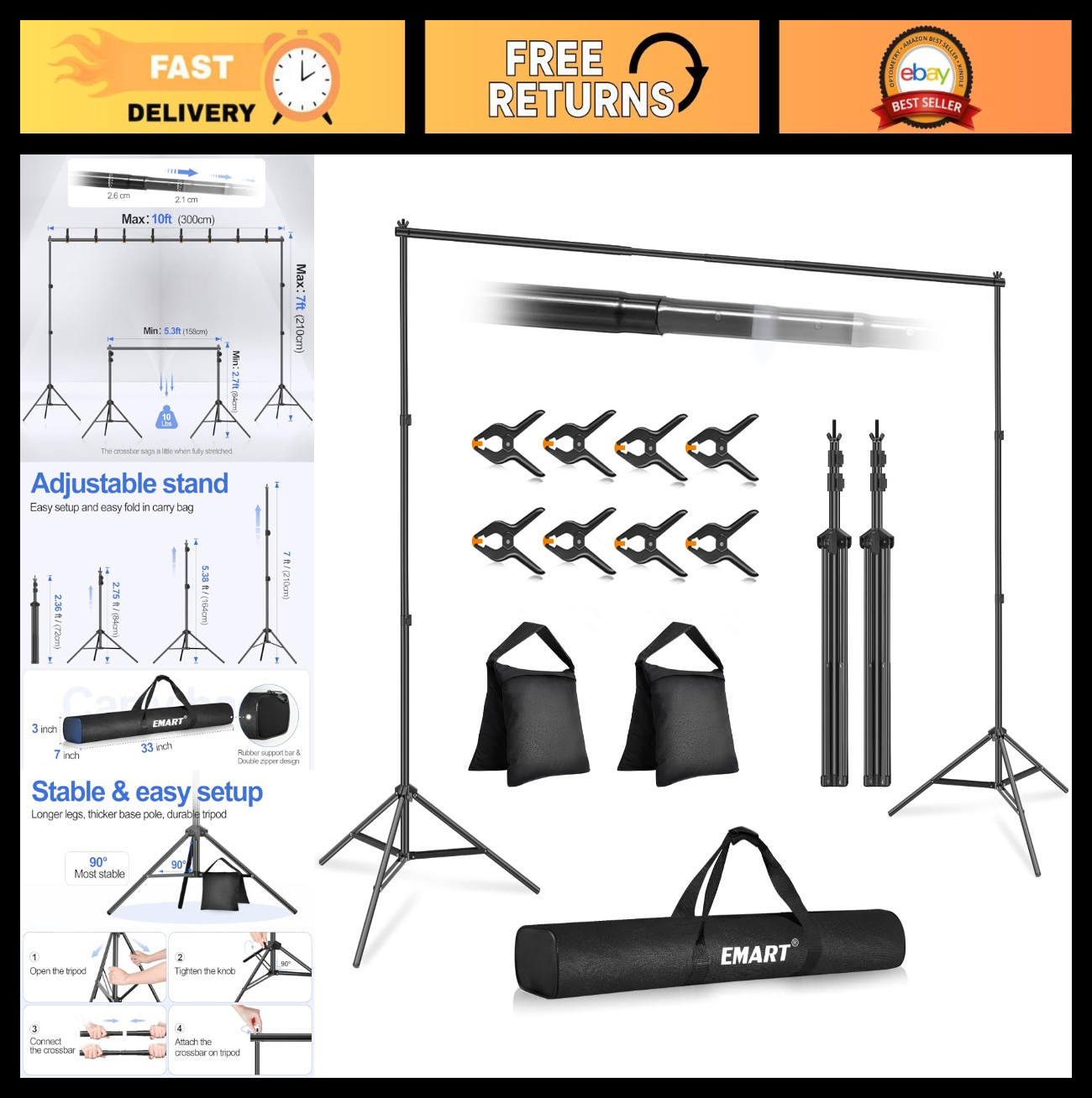 Adjustable 10x7ft Photo Backdrop Stand Kit with Crossbars, Clamps & Sandbags for