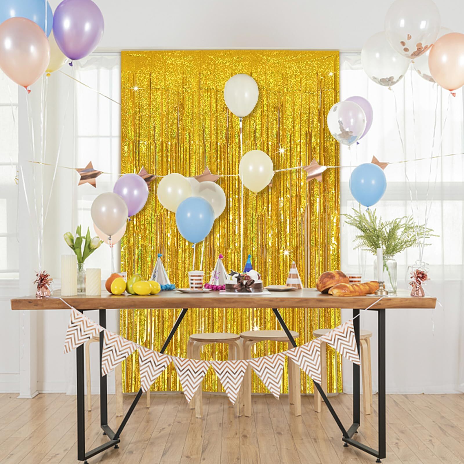 2 Packs Gold Tinsel Curtain Birthday Party Decorations Foil Fringe Decor