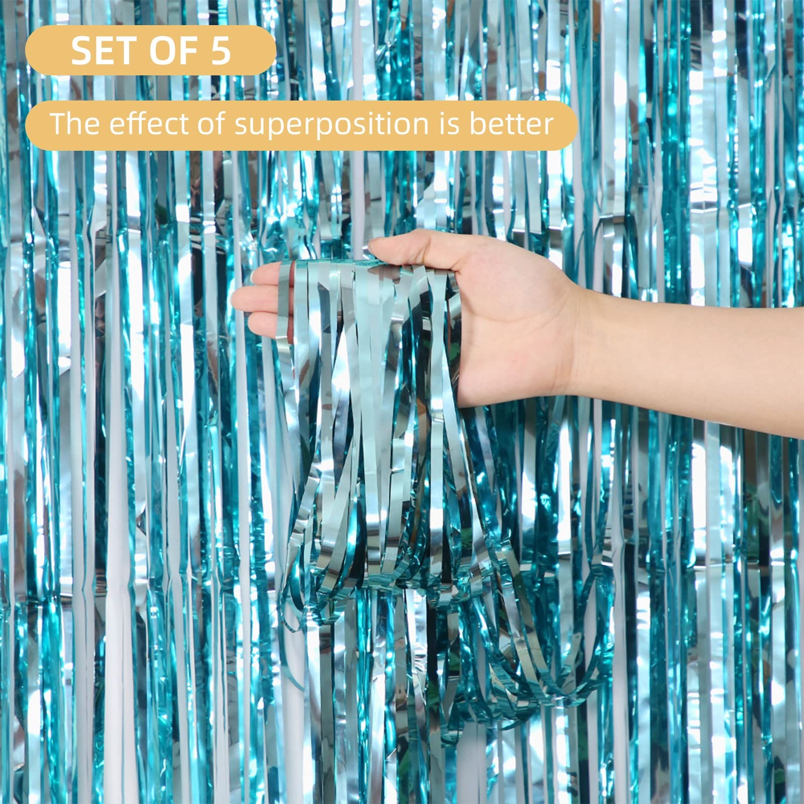 5 PCS Light Blue Foil Curtain Backdrop 3.2×9.8 Ft Metallic Tinsel Fringe Party