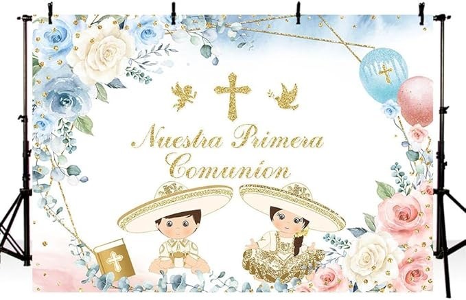7x5ft Nuestra Primera Comunion Backdrop, Blue and Pink First Communion Christeni