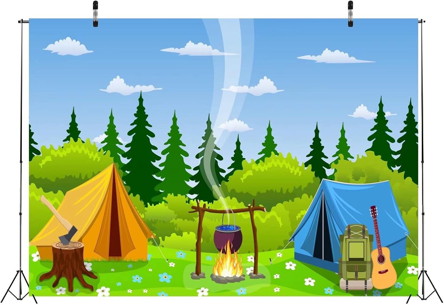 Cartoon Forest Camping Backdrop 20x10ft for Kids Birthday & Baby Shower
