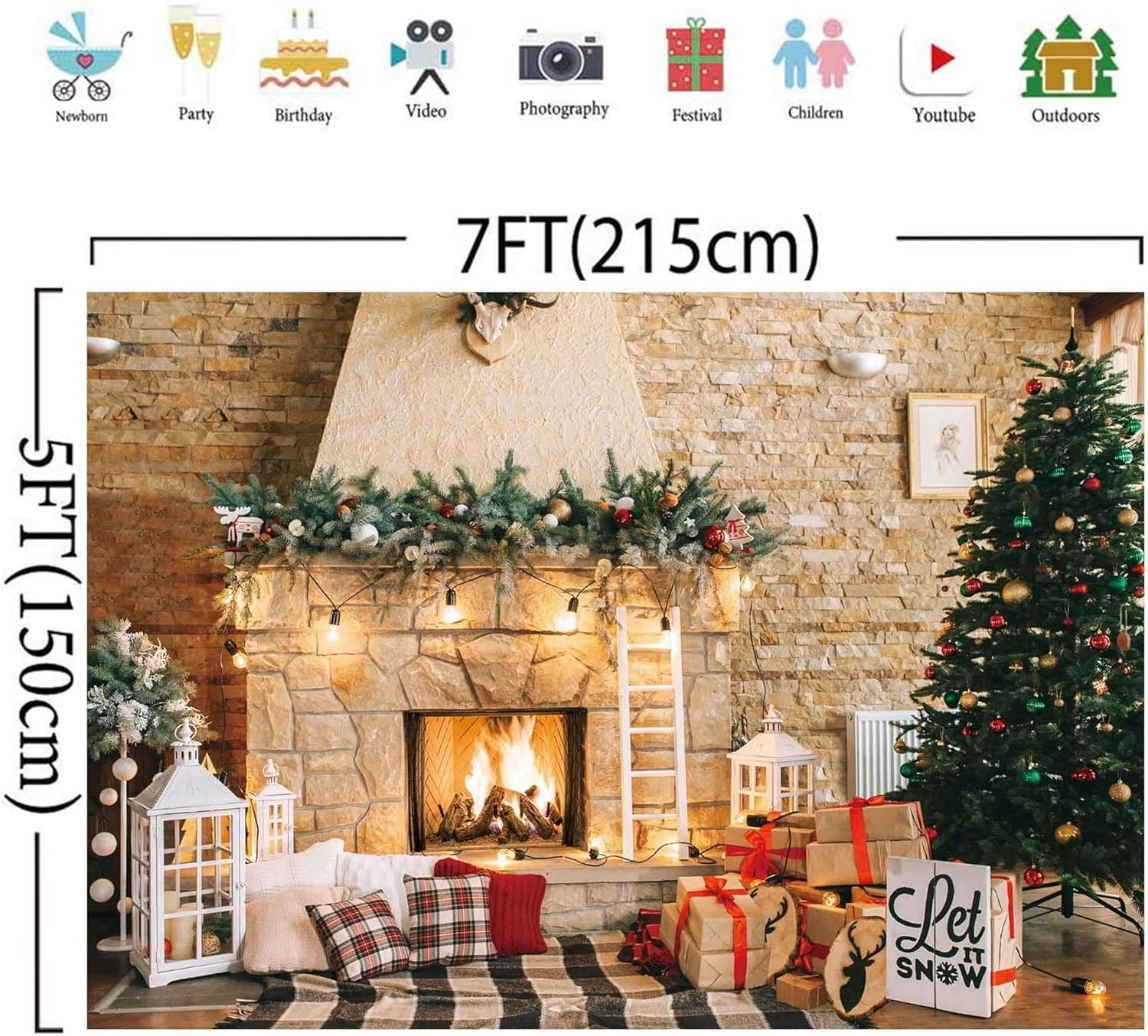 Haboke 7x5ft Christmas Fireplace Theme Backdrop for Photography 7’x5′, white