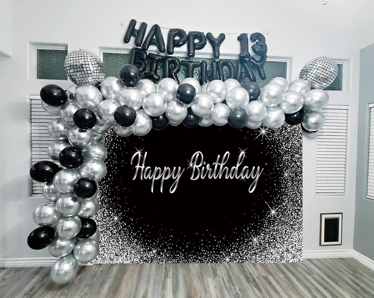 Black Happy Birthday Backdrop Glitter Silver Dot Photography Background