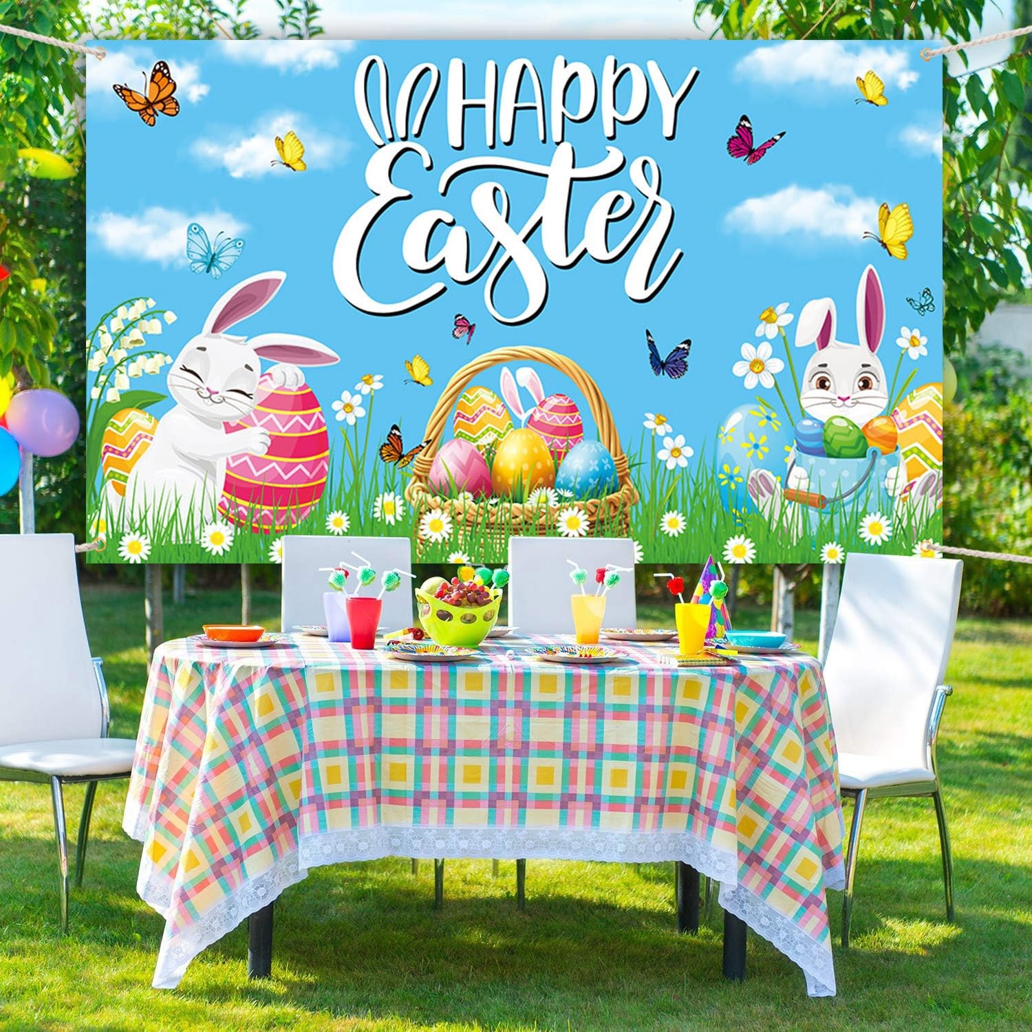 AIBIIN Happy Easter Backdrop Banner Colorful Flower 5.9×3.6ft, Multicolor