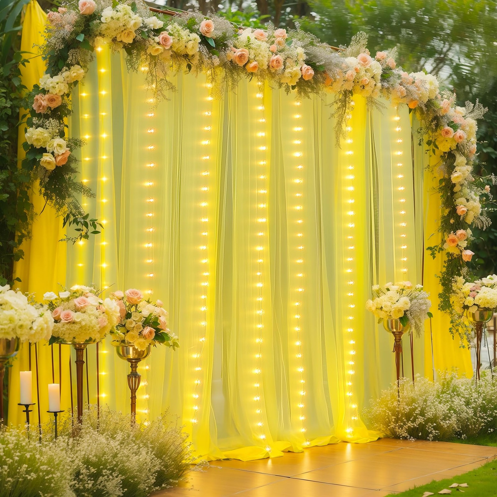 10×10ft Yellow Tulle Backdrop Curtain with Lights String for Parties Sheer Cu…