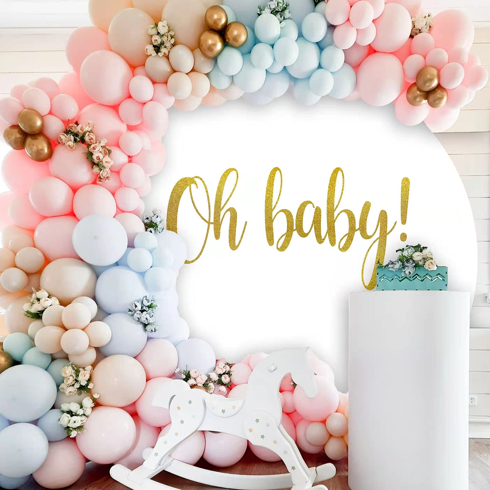 Round Backdrop Cover Oh Baby 7.2ftWhite Round Backdrop Cover Gold Oh Baby Sig