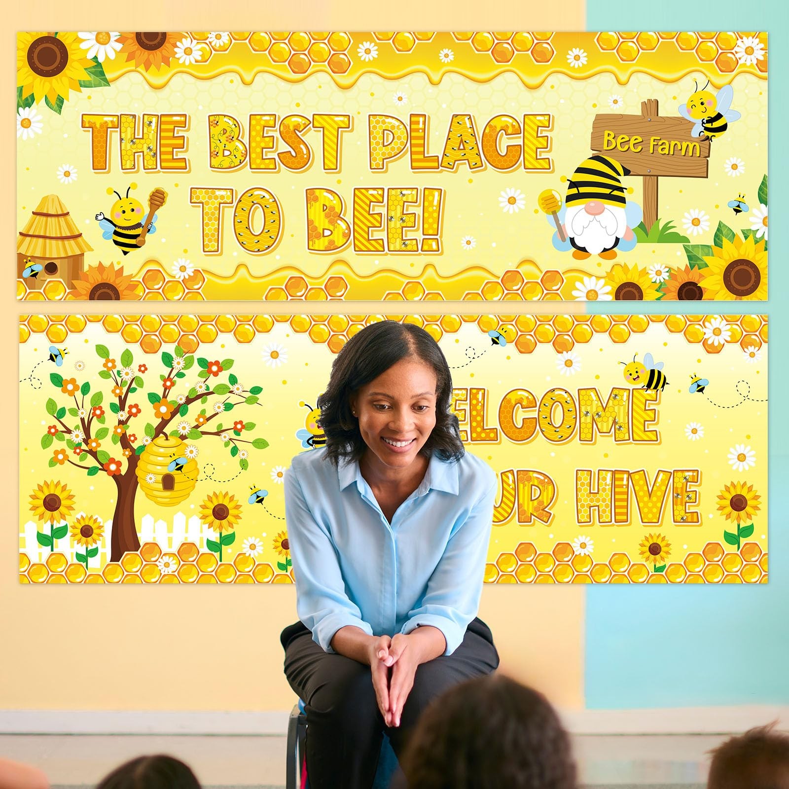 2 Pcs Bee Classroom Decorations Banner Bumble Bee Sunflower Banner Daisy Flow…