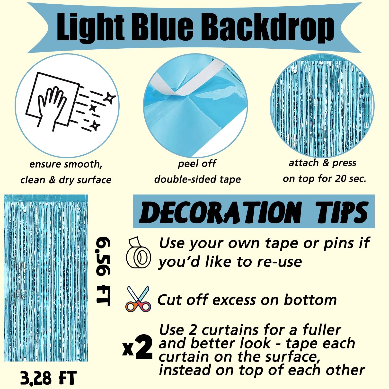 Light Blue Foil Fringe Curtain Backdrop Metallic Streamers 3.2×6.6 4 PCS
