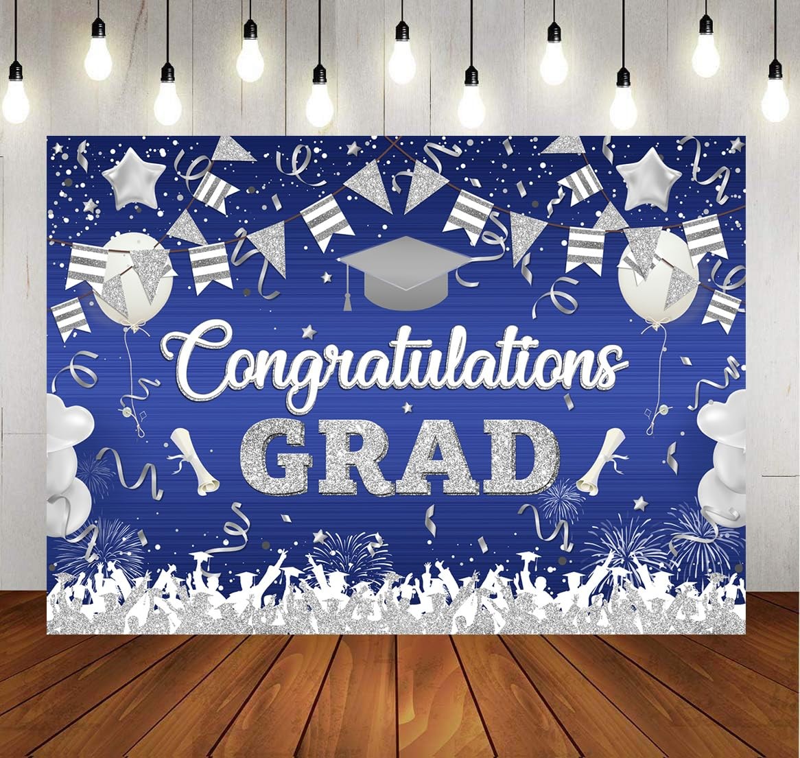 10x8ft Blue and Silver 2025 Graduation Backdrop Congratulations Grad Photogra…