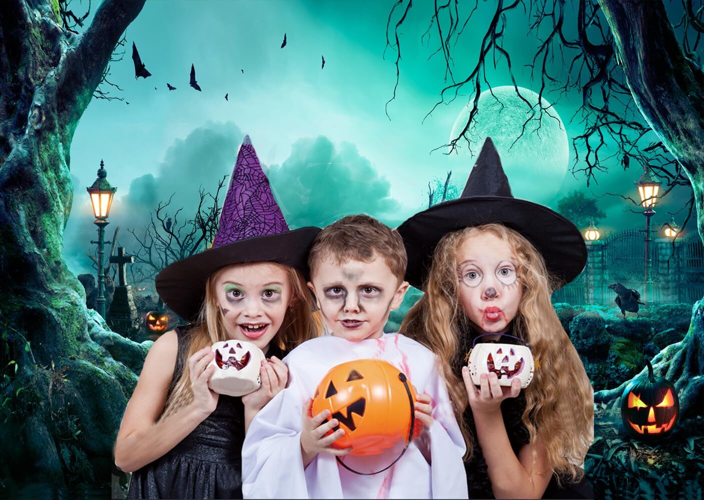 7X5FT Horror Moon Night Cemetery Backdrop Halloween Pumpkin Lantern Photo