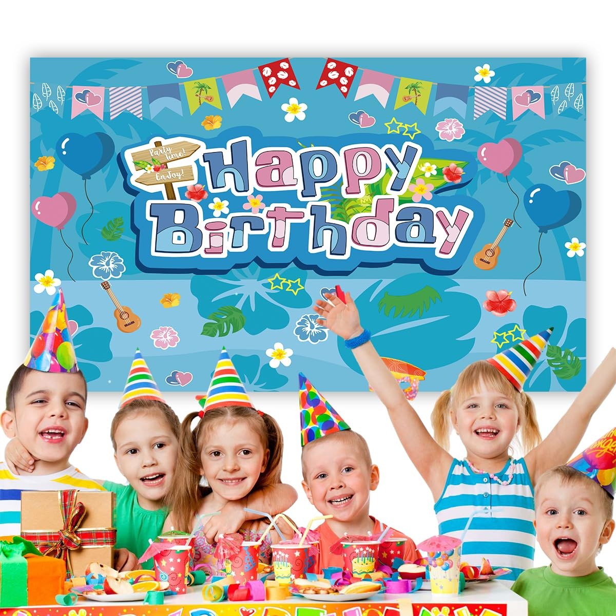 Blue and Pink Cartoon Birthday Party Backdrop, Hawaii Theme with Tropical Flo…