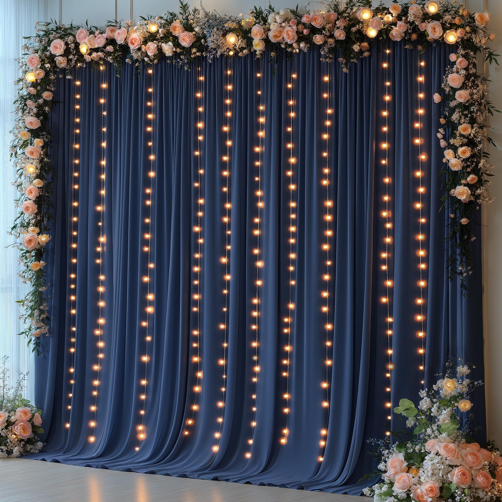 2 Panels 5x10ft Navy Blue Backdrop Curtains Set With Lights String Set