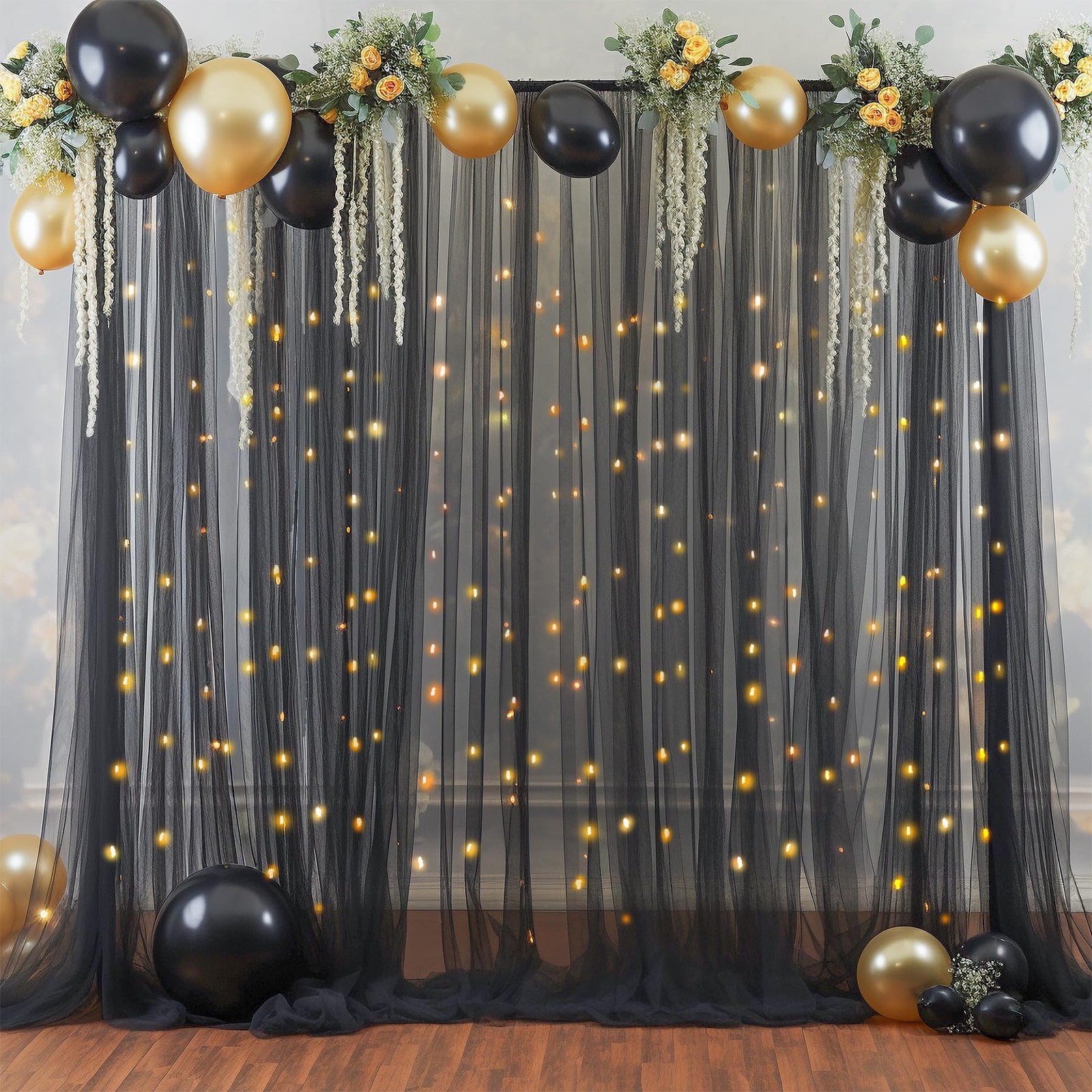 10×10ft Black Tulle Backdrop Curtain with Lights String for Parites, Sheer Ph…