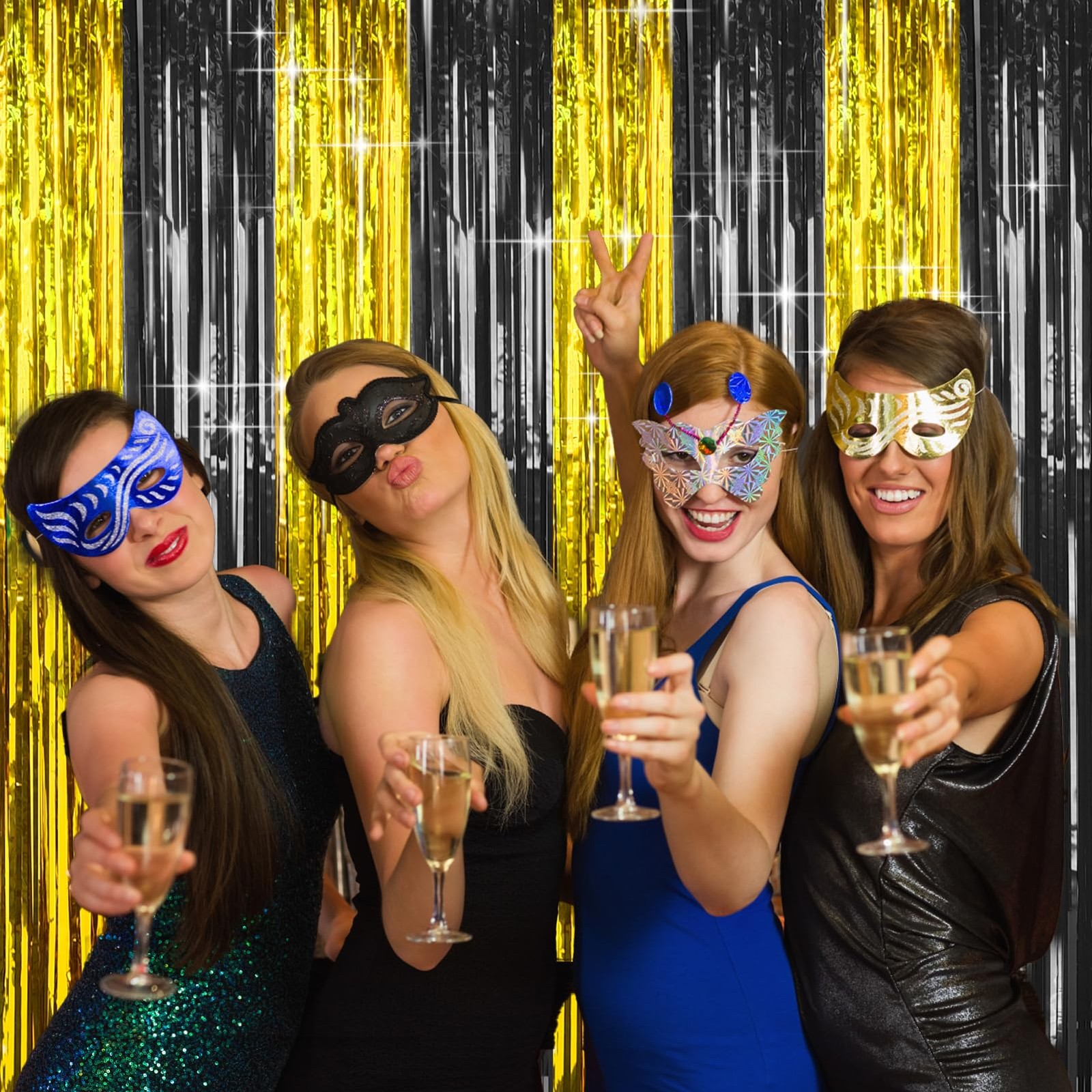 4 Packs Black Gold Foil Fringe Curtain Metallic Tinsel Backdrop 2025 Party