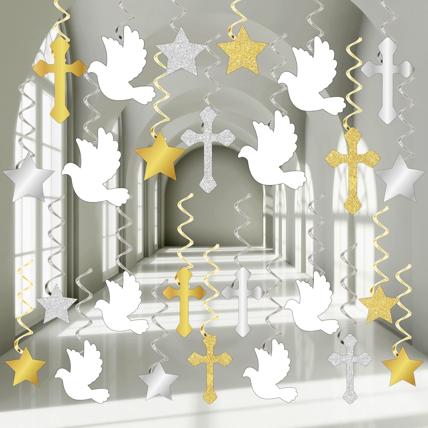 60 Pcs First Communion Hanging Swirls God Bless Baptism Decorations Gold and …