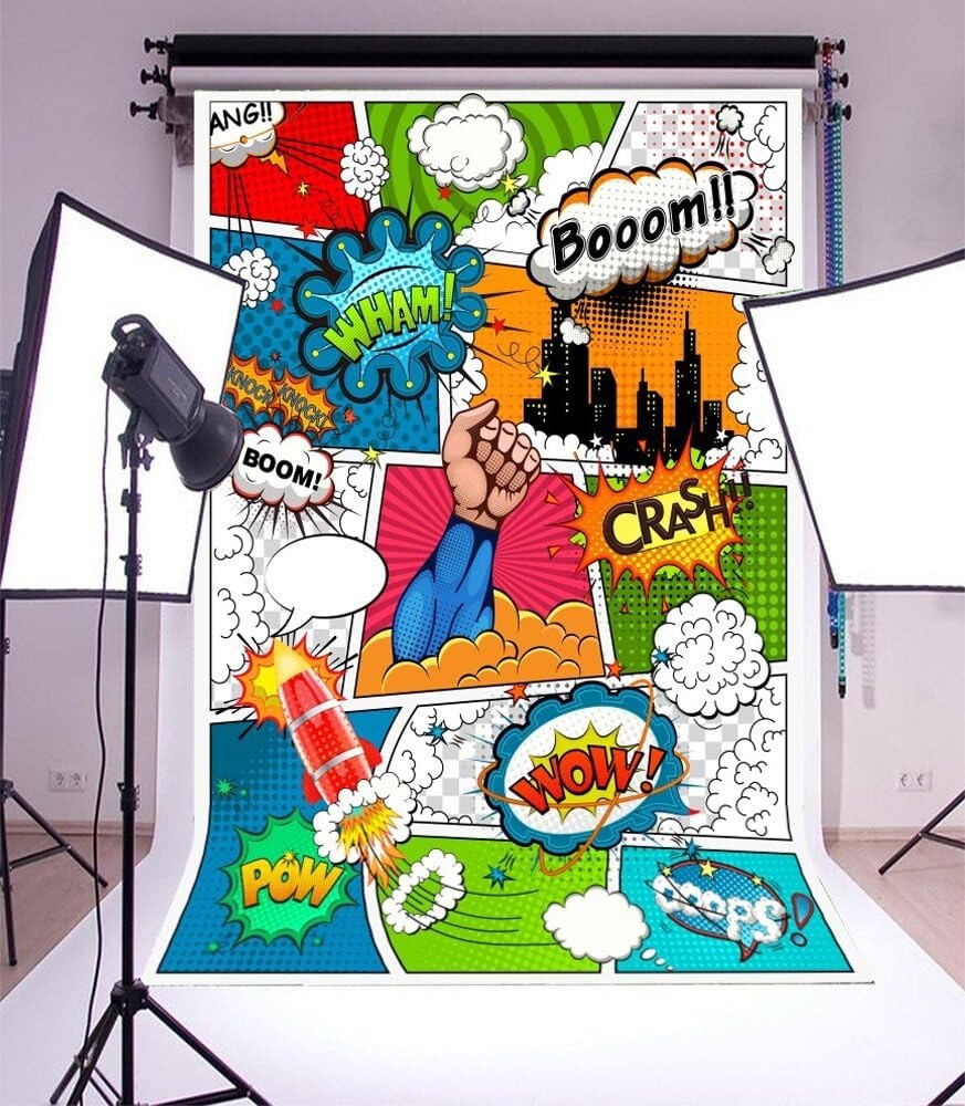 5×7 ft Cartoon Superhero Photography Background Humor Comics Book Villain Boom