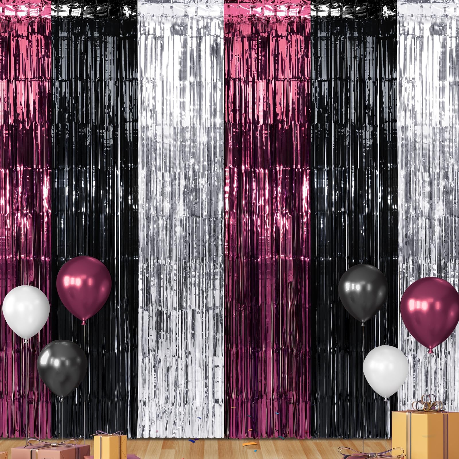 3 Pack Maroon Black Silver Graduation Metallic Foil Fringe Curtains Set