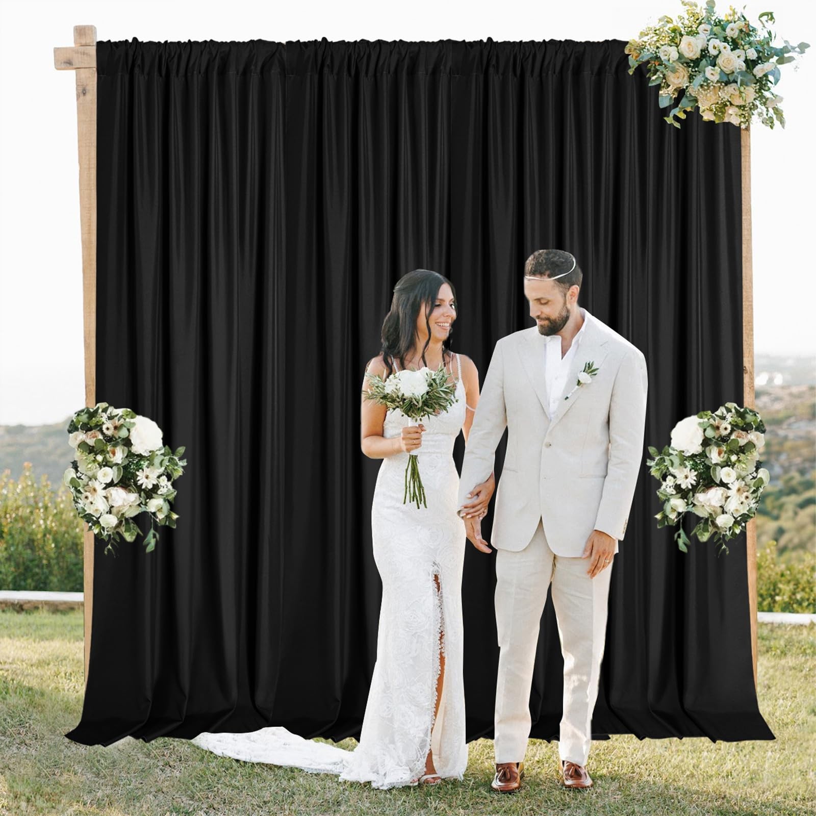 2 Panels Black 10×10 FT Polyester Backdrop Curtains Rod Pocket Party Wedding