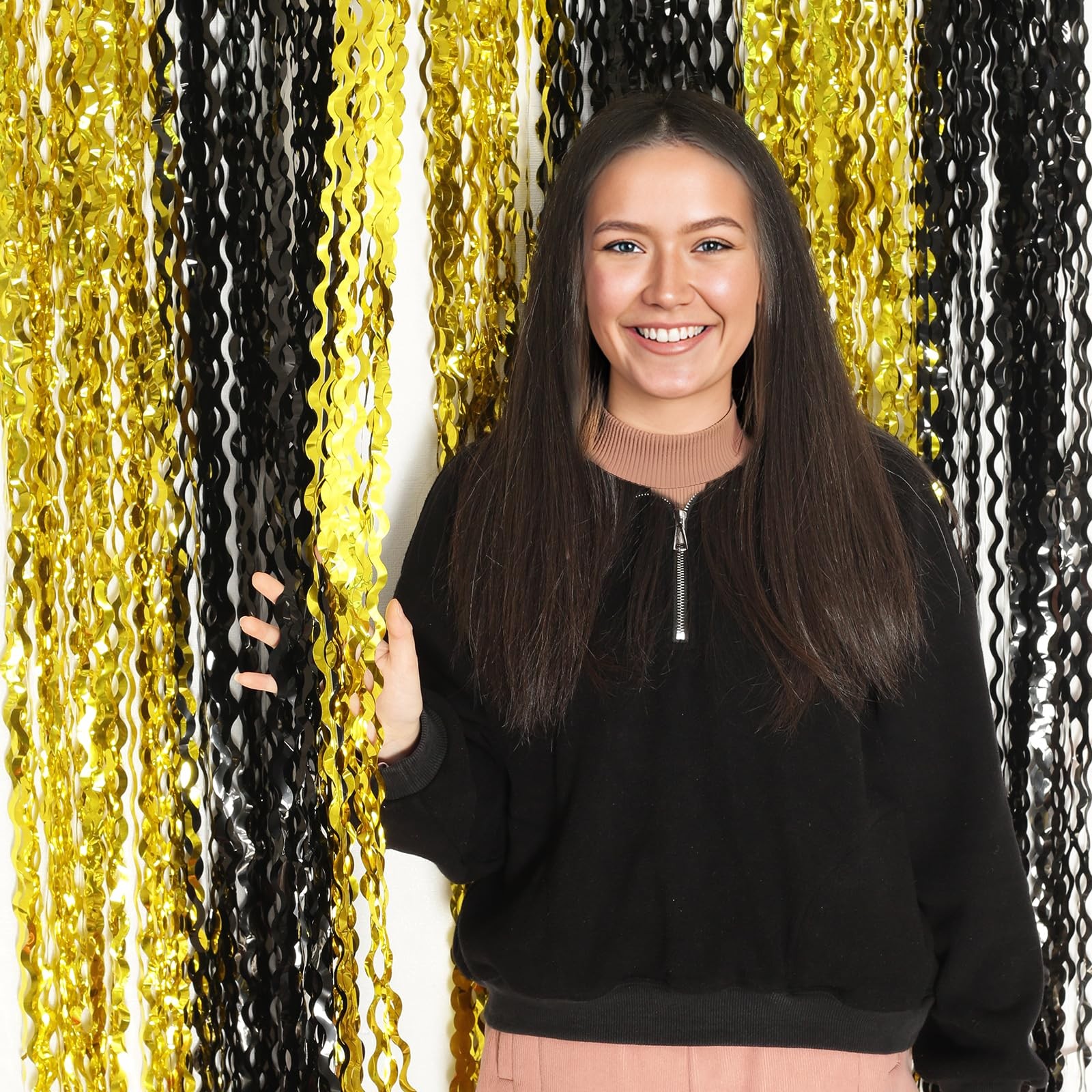 4 PCS Black Gold Wavy Foil Fringe Curtains Streamers 3.3×6.6 Ft Photo Backdrop