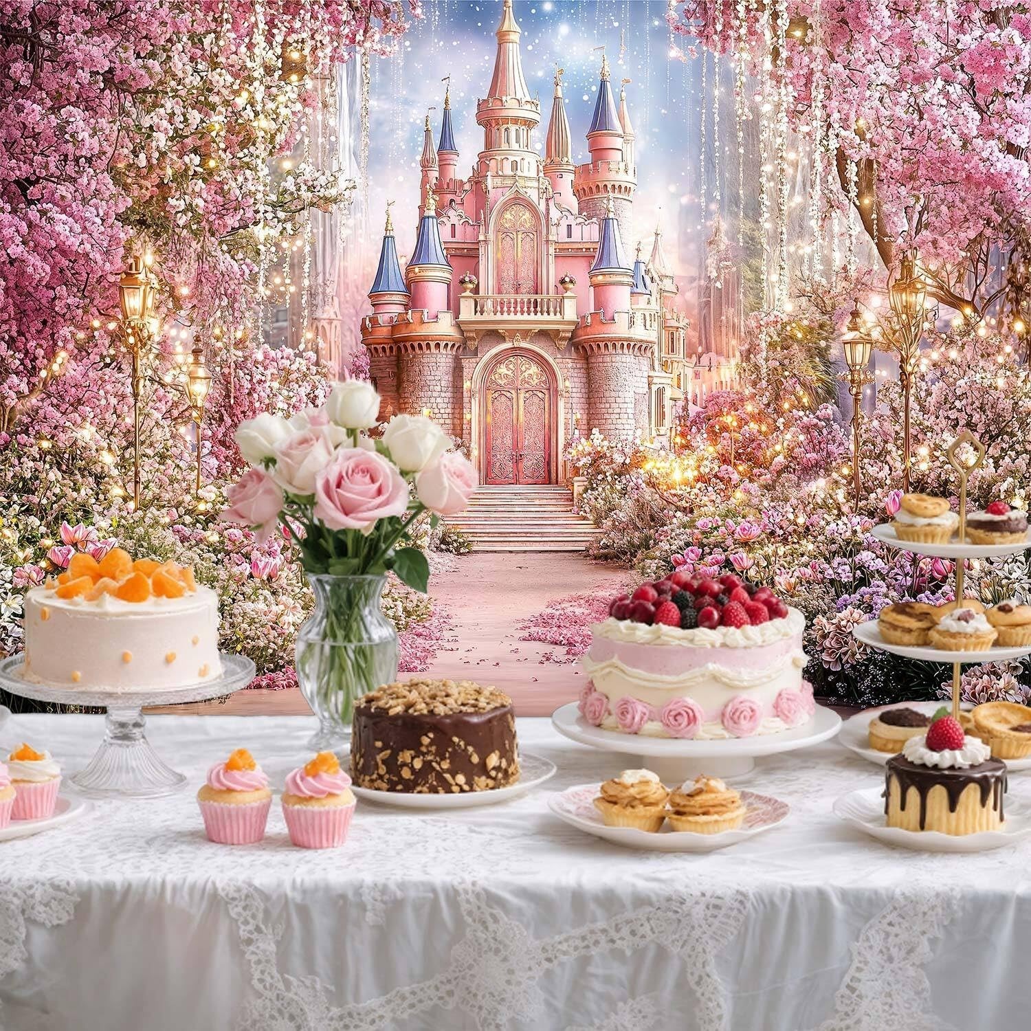 10x8ft Princess Castle Photography Backdrop Pink Flowers Floral Fantasy Fairy…