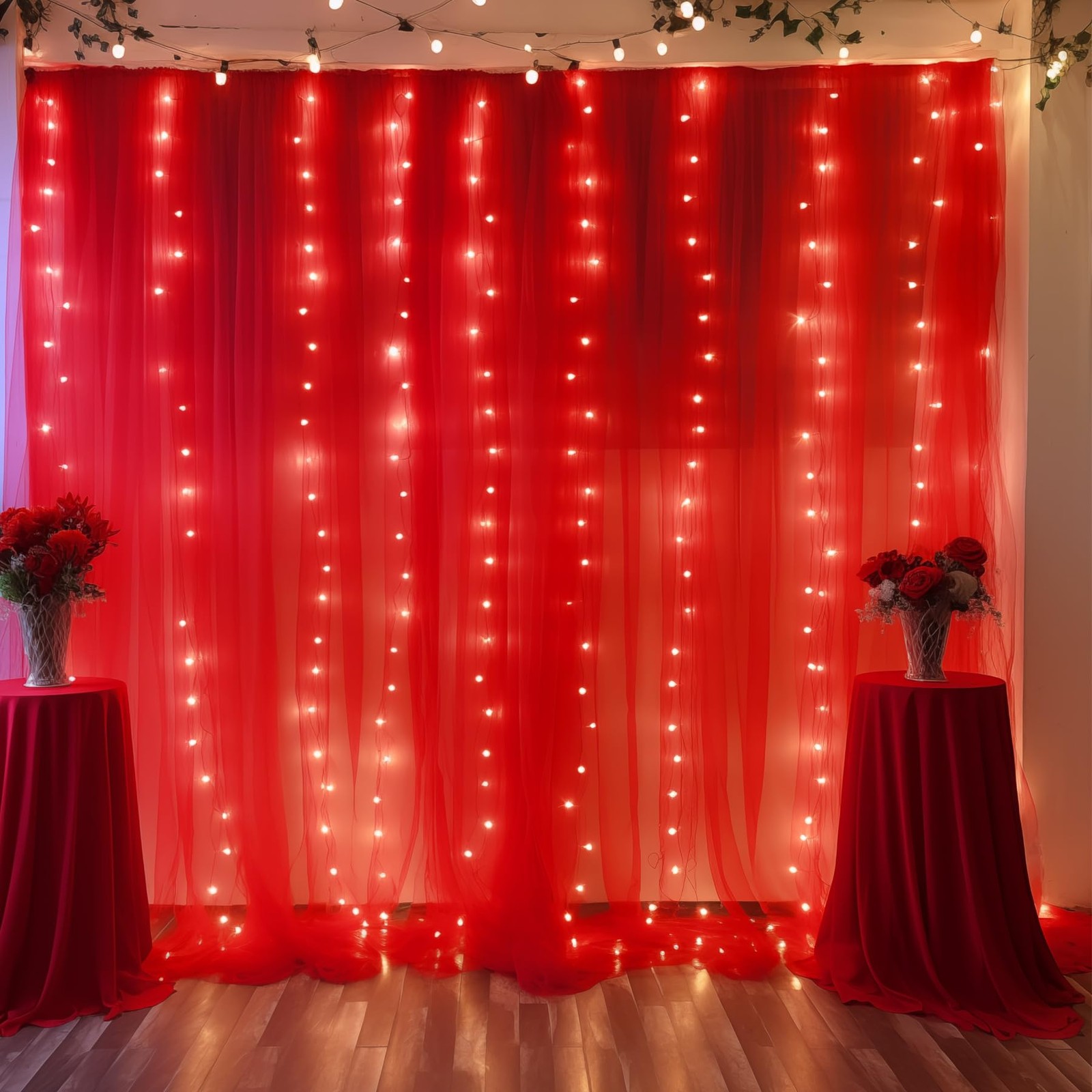 10×10 FT Red Tulle Backdrop Curtain with Lights String Wedding Party