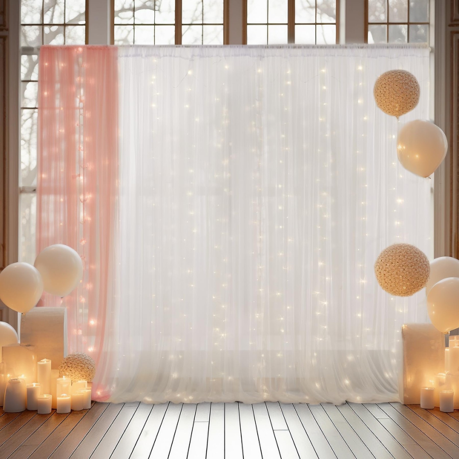 10×8 Ft White Tulle Sheer Backdrop Curtain Drape With String Light Party