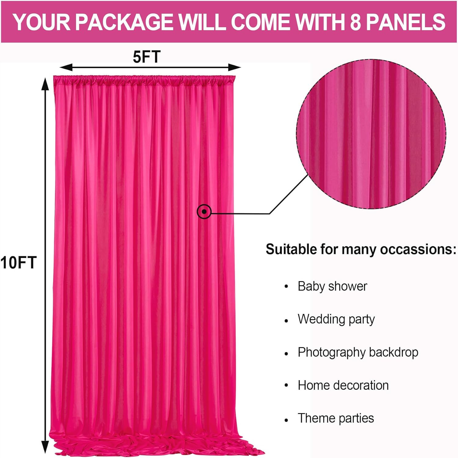 40 Ft X 10 Ft Wrinkle Free Fuchsia Backdrop Curtain for Parties, 8Panels Polyest