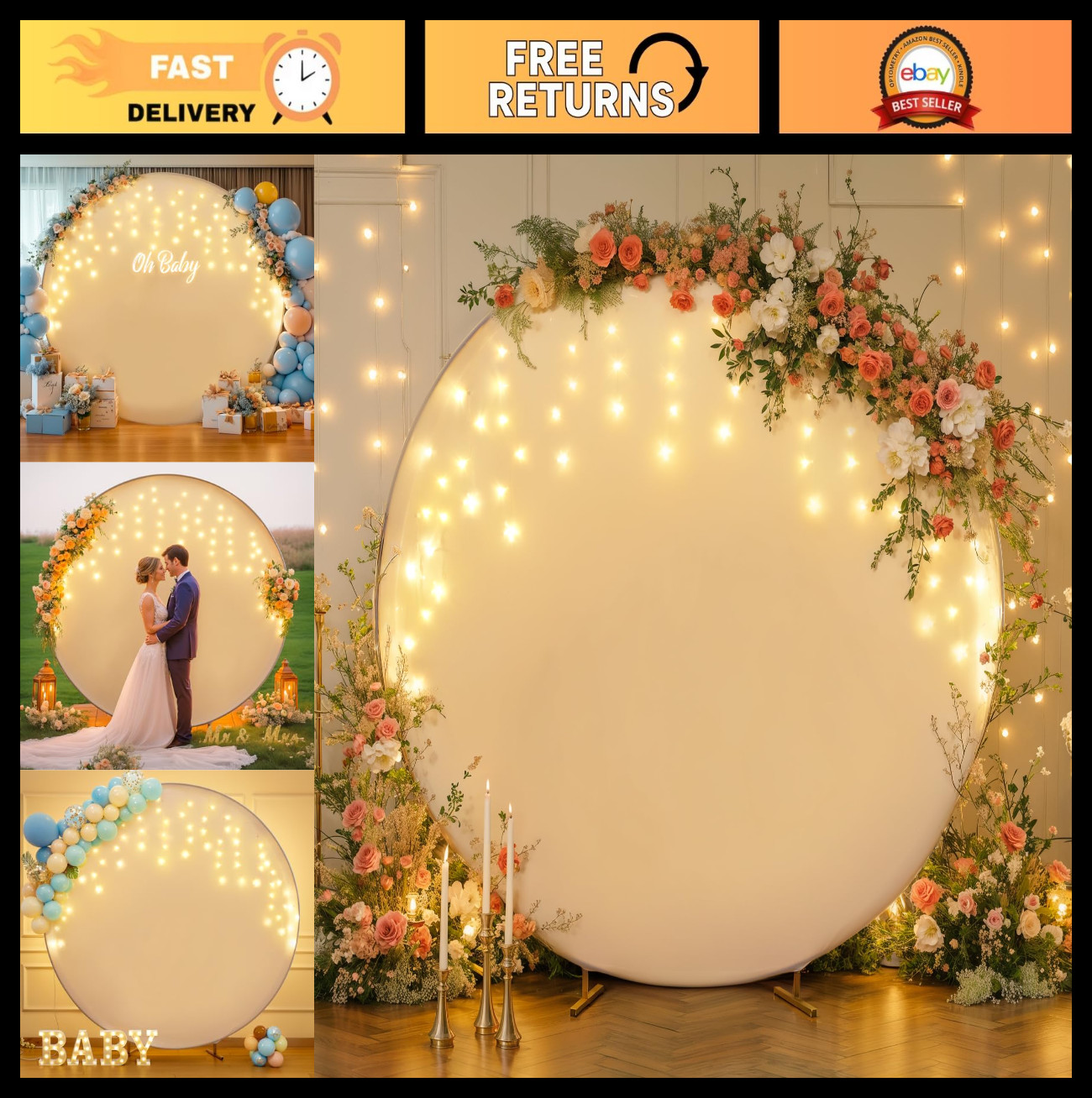 7.2FT White Round Backdrop with LED Fairy Lights for Weddings, Parties & Photos