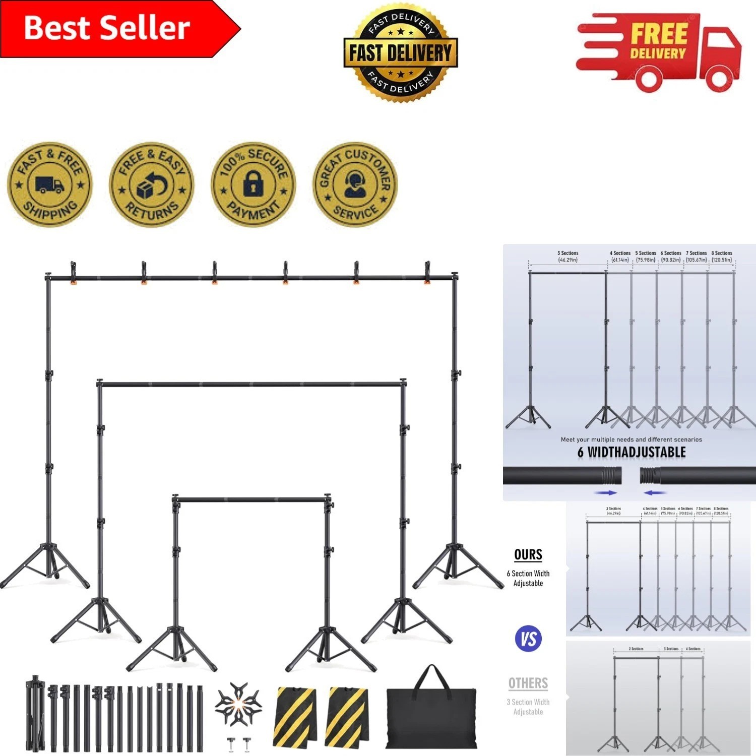 Adjustable Backdrop Stand Kit – 10×7.5ft, 6 Widths for Events & Photography