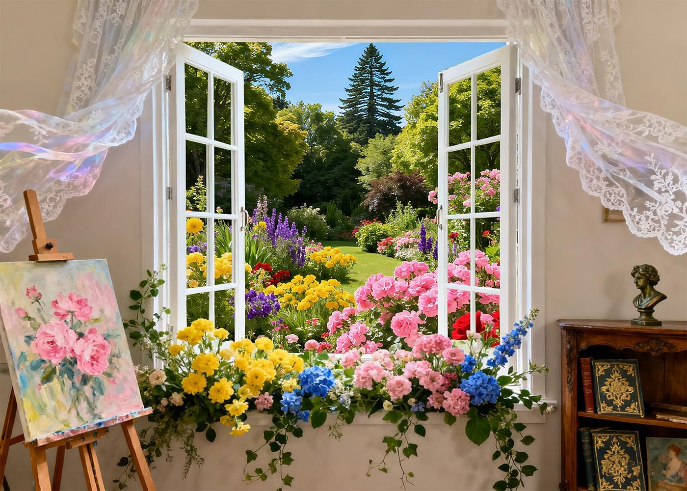 Spring Summer Garden White Window Blooming Flowers Curtain Backdrop 7×5 FT