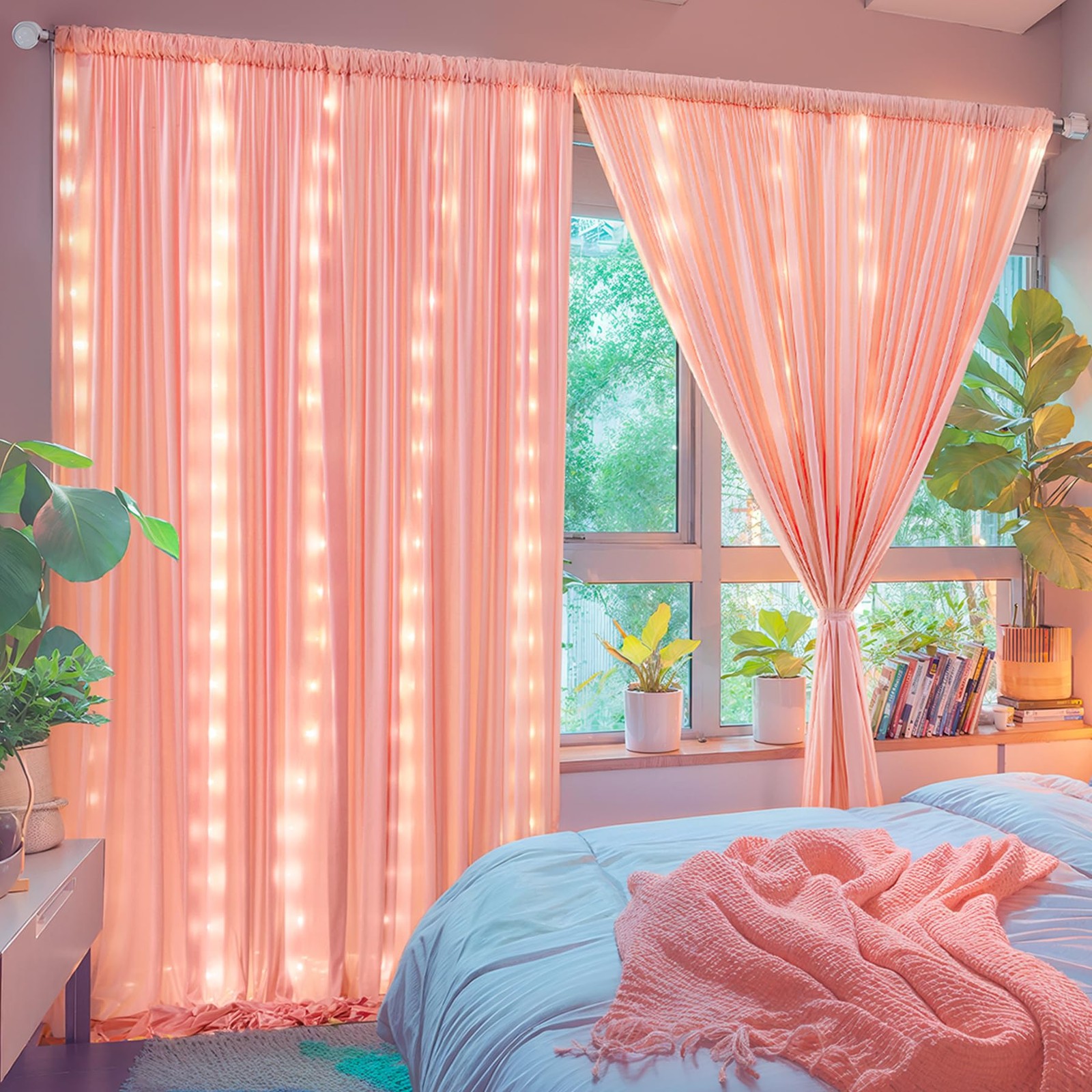 Dusty Pink Polyester Party Backdrop Curtains Drapes With Lights 10x10ft 2PK