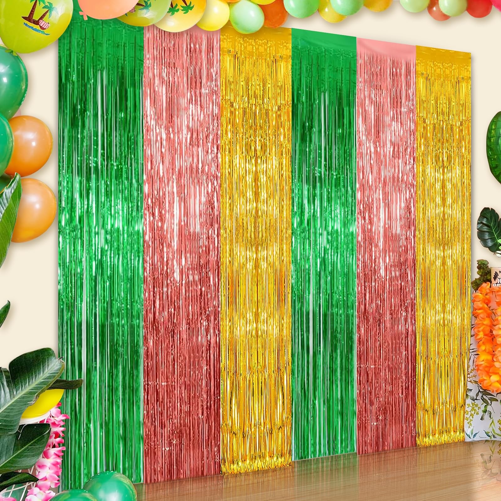 2 Pack 3.2ft x 9.8ft Green Rose Gold Yellow Metallic Foil Fringe Curtain
