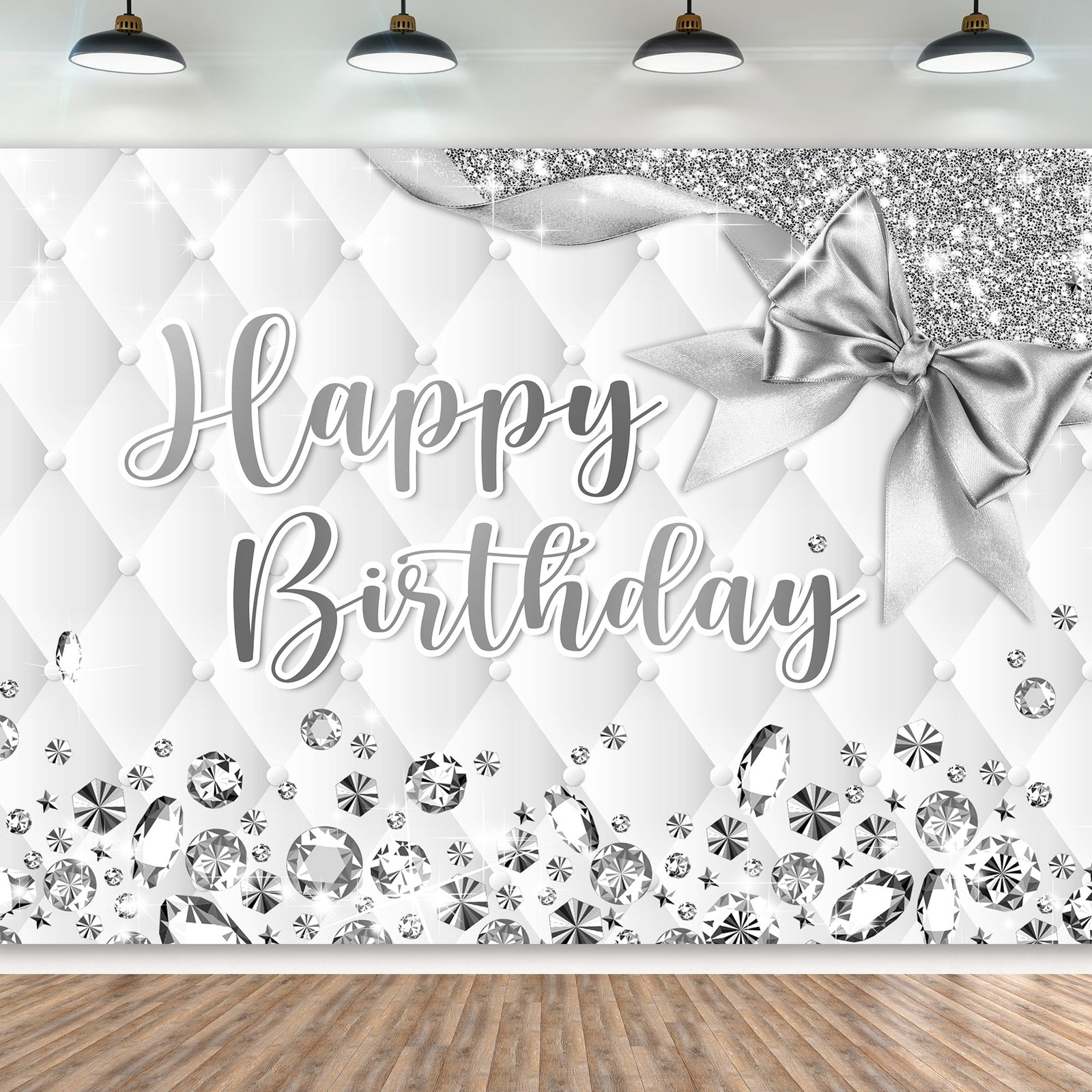 Newsely White and Silver Birthday Backdrop 7Wx5H Photography Happy Birthday B…