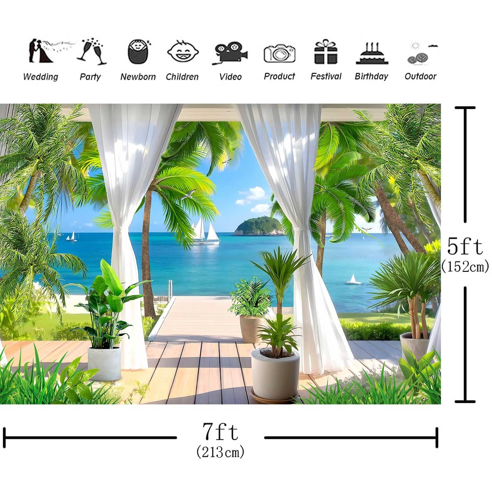Summer Sea Backdrop Hawaiian Tropical Beach Plants Photography Backdrops, Vil…