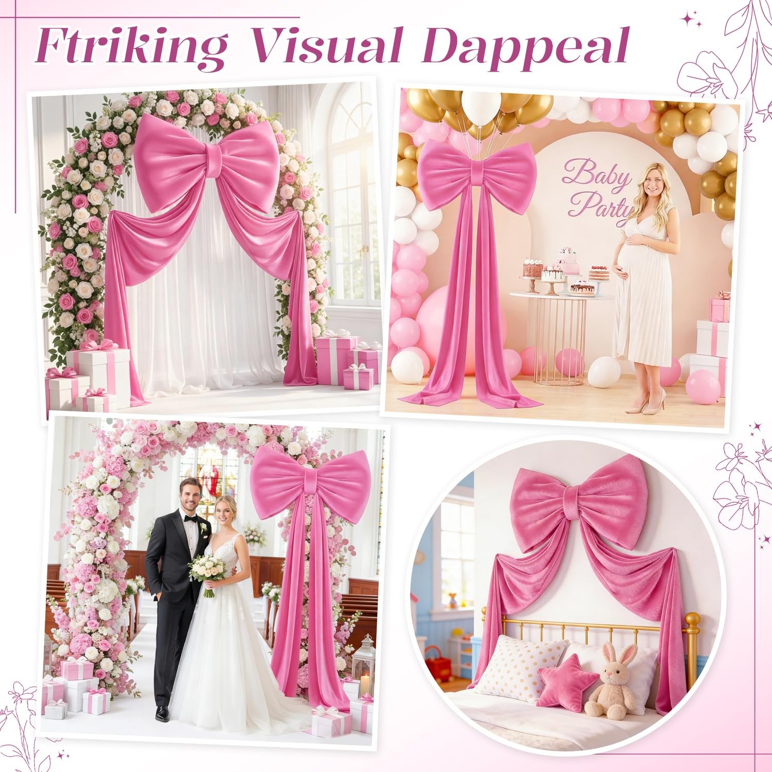 Giant Bow for Backdrop Hot Pink Large Bow with Long Ribbon, 75×23 Inch 3D Ove…