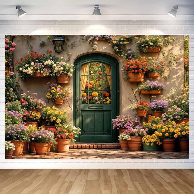 7x5ft Floral Spring Garden Backdrop Wooden Door Wedding Photo Prop Color1