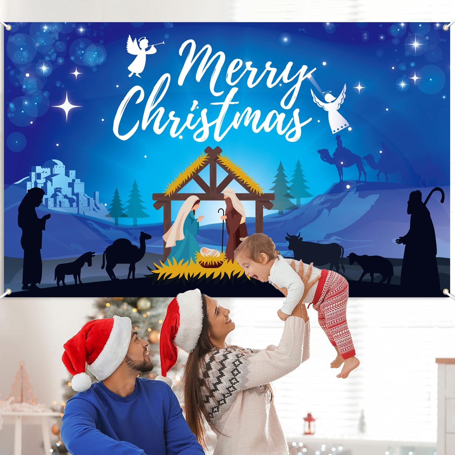 Blue Large Holy Jesus Nativity Backdrop Sign – Religious Christmas Banner for…
