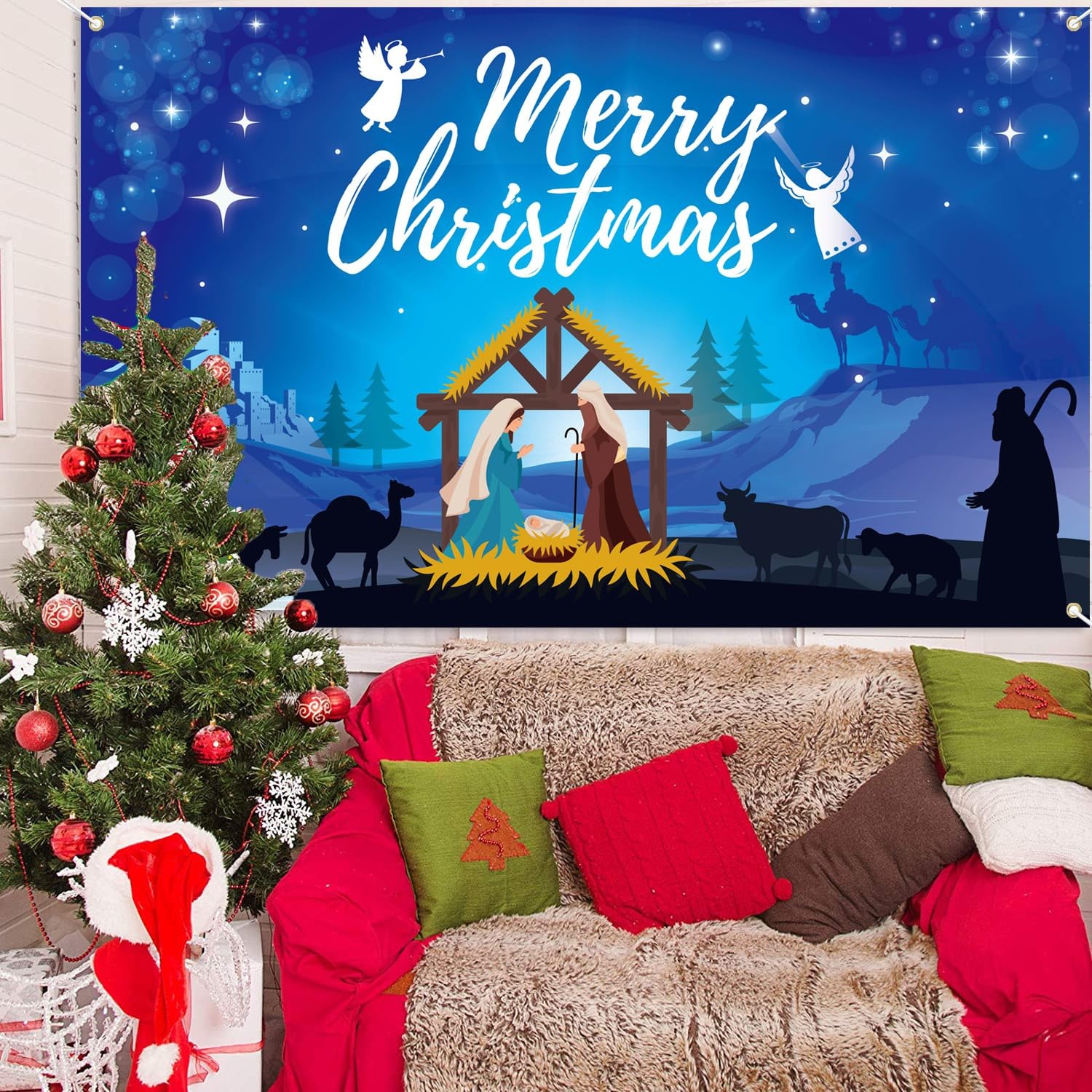 Blue Large Holy Jesus Nativity Backdrop Sign – Religious Christmas Banner for…