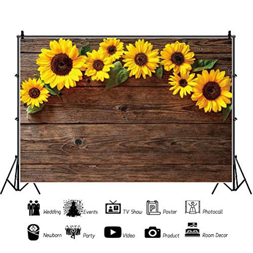 Wood Plank Sunflower Background for Photography 5x3ft Vintage Brown Wooden
