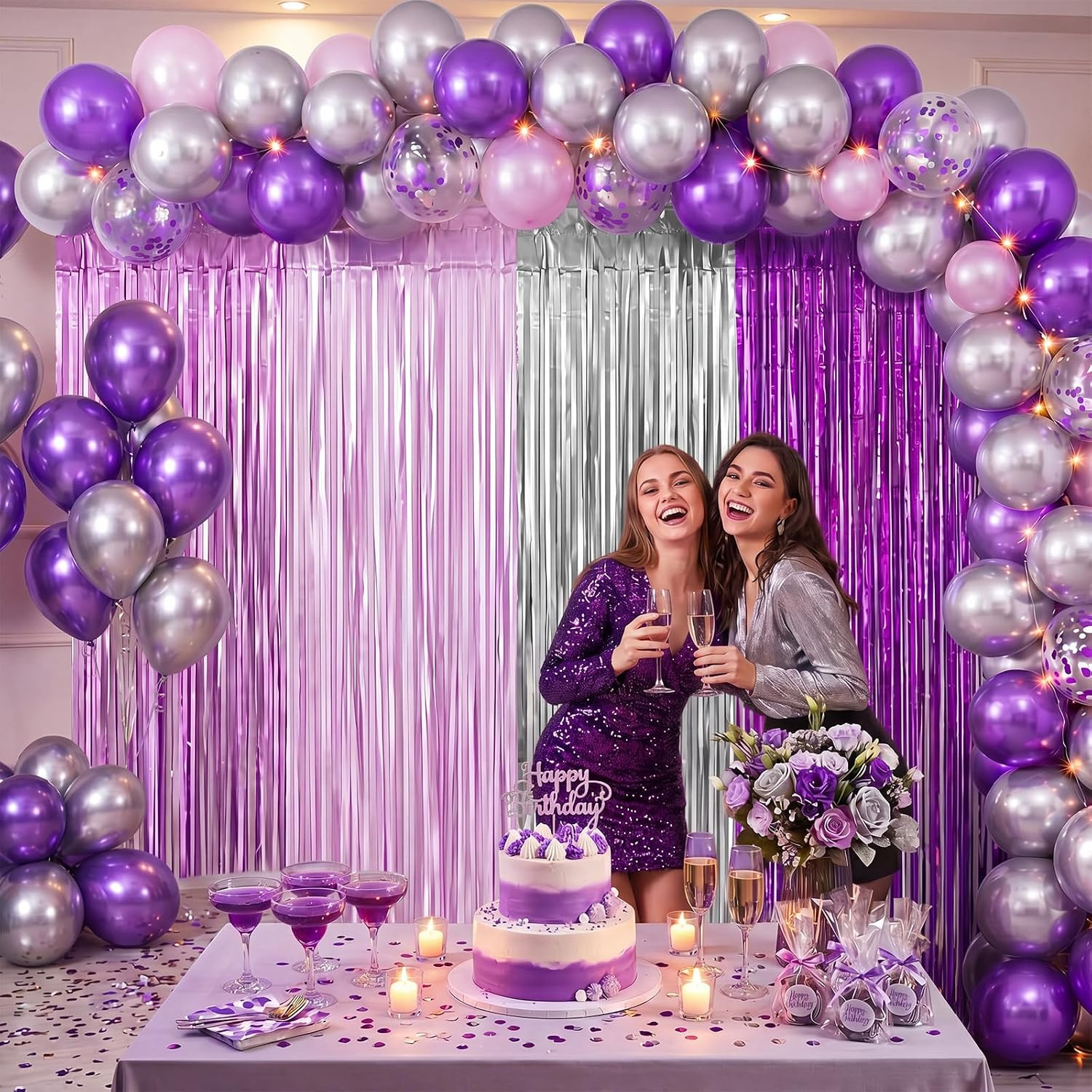 4Pcs Purple and Silver Party Decorations 6.6Ft Fringe Curtains Decorations Purpl
