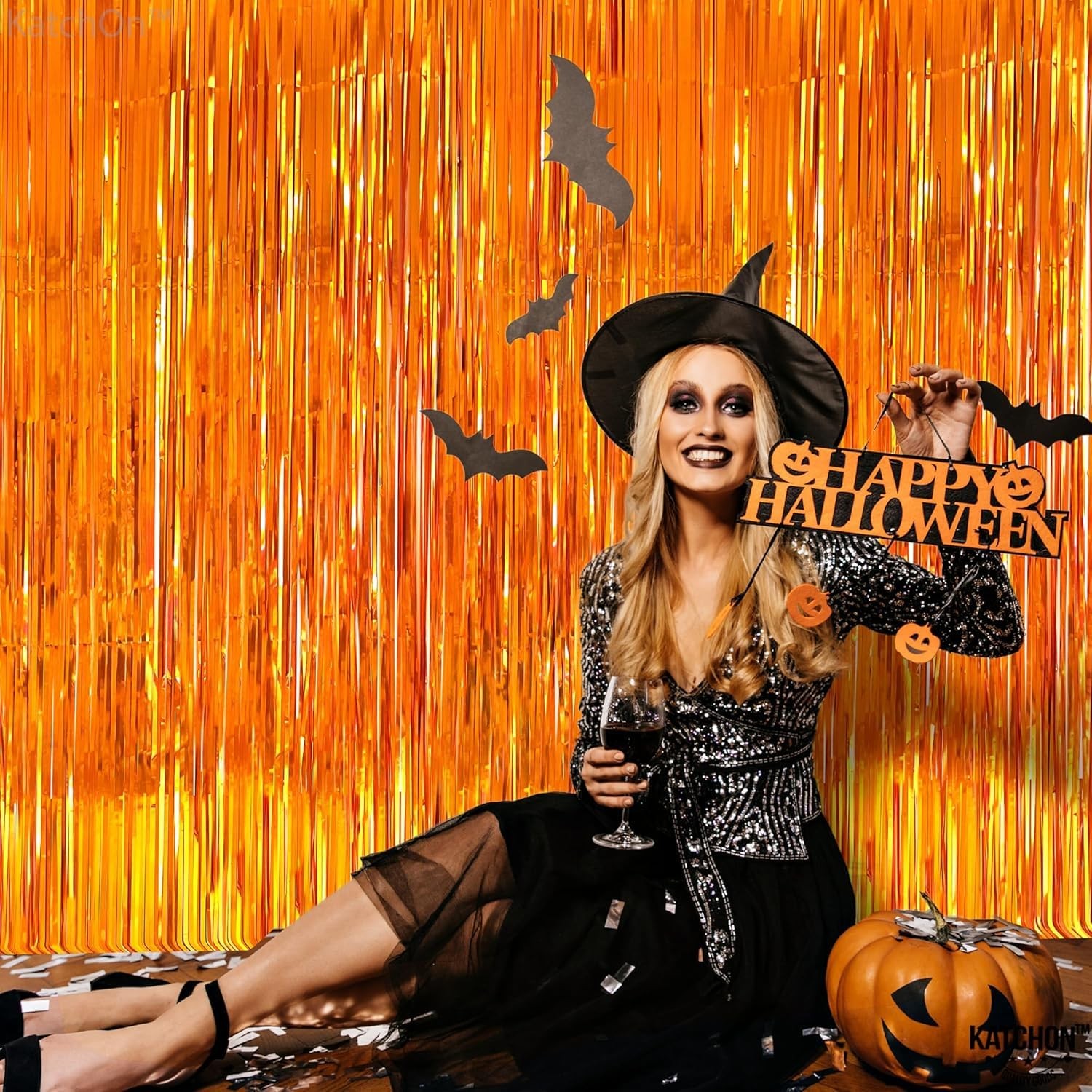 Xtra Large Orange Fringe Backdrop Curtain 3.2×8 Feet, Pack of 2 for Events
