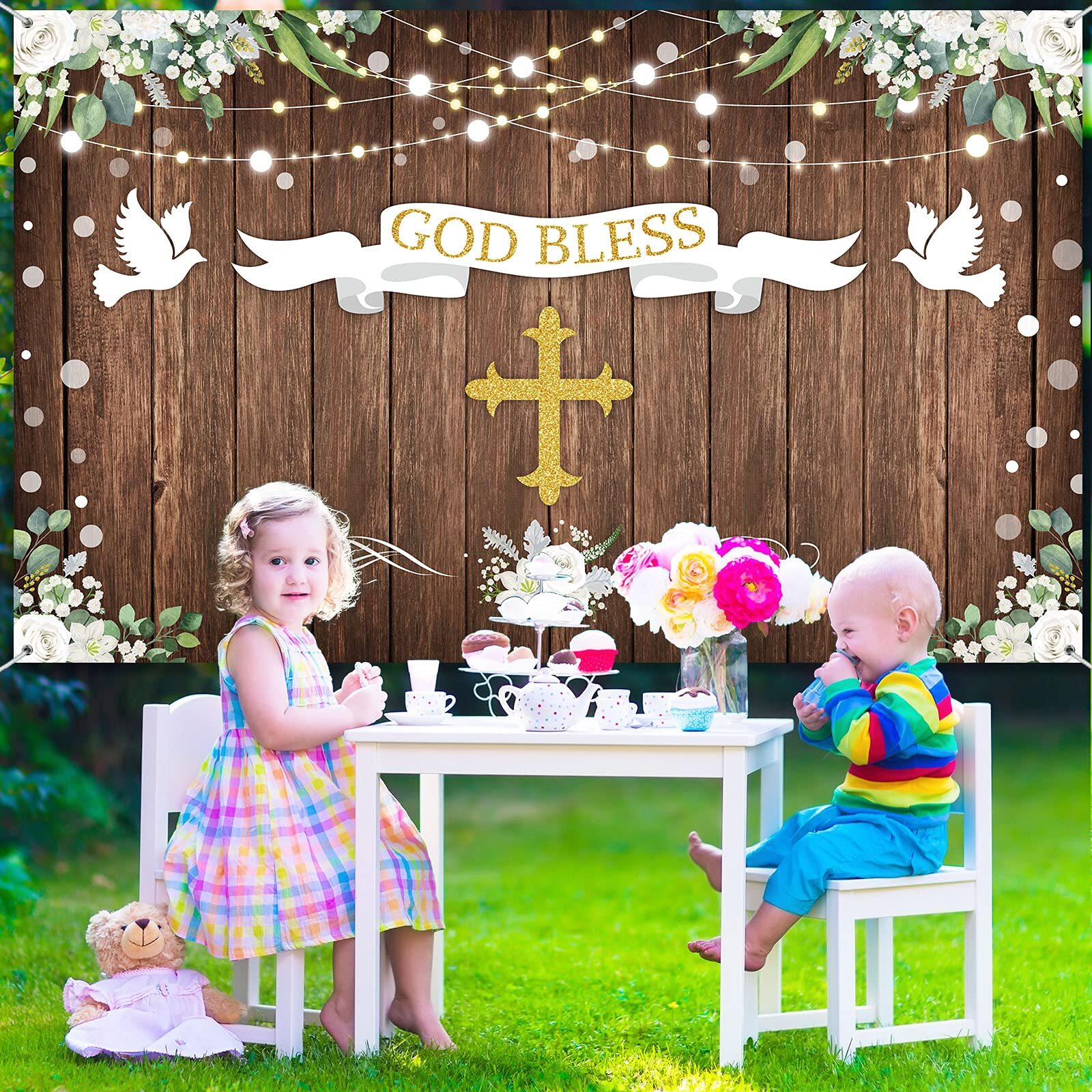 71 x 43 Inch God Bless Baptism Backdrop First Holy Communion Party Decoration…