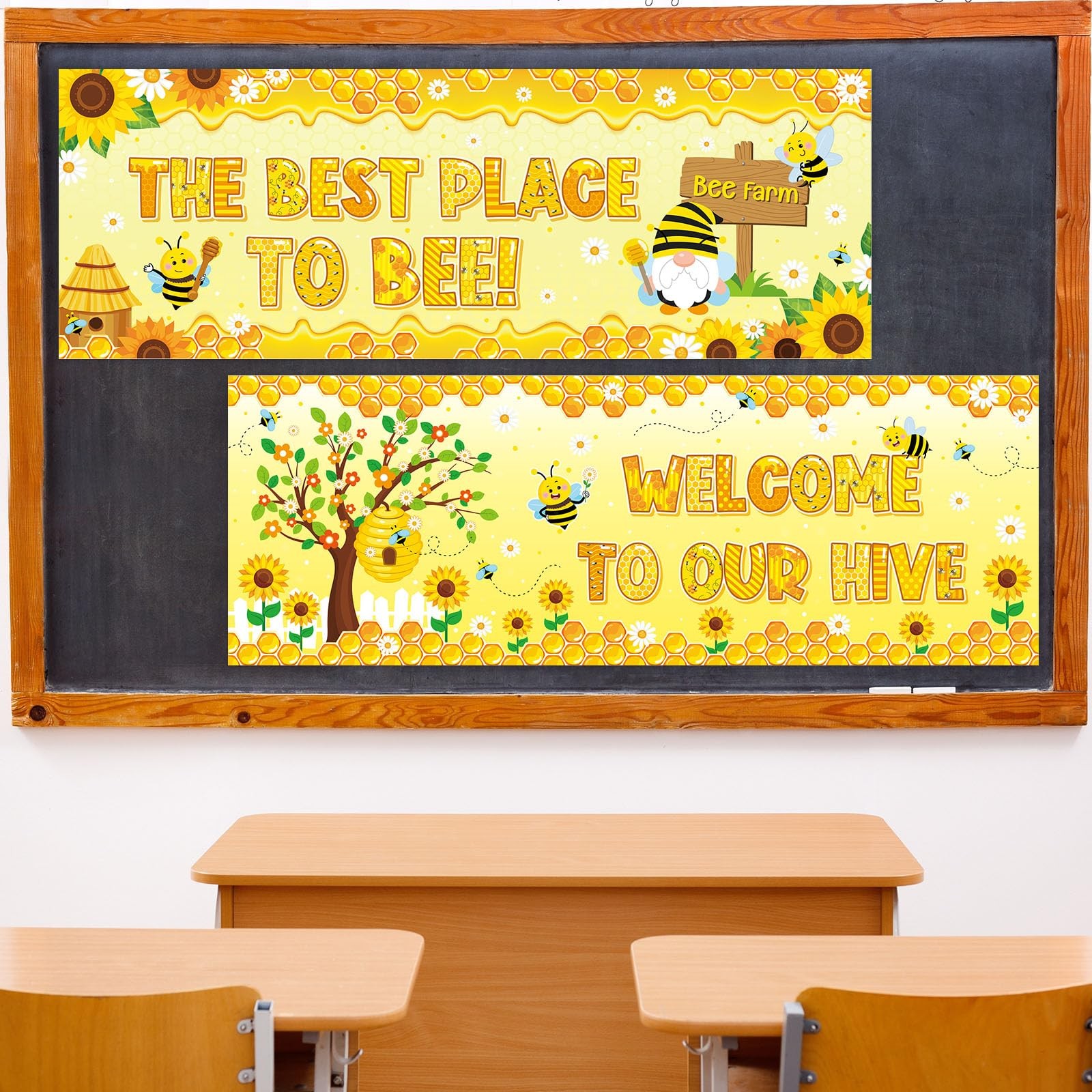 2 Pcs Bee Classroom Decorations Banner Bumble Bee Sunflower Banner Daisy Flow…
