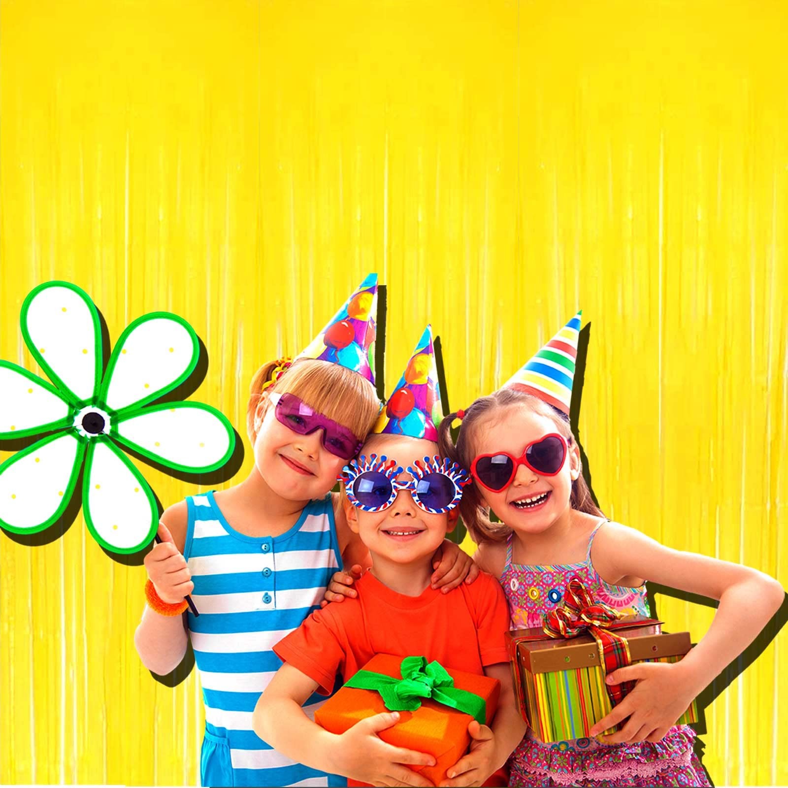 Pack Yellow Foil Fringe Curtain Backdrop 3.3Ft x 9.8Ft Metallic Tinsel Foil F…