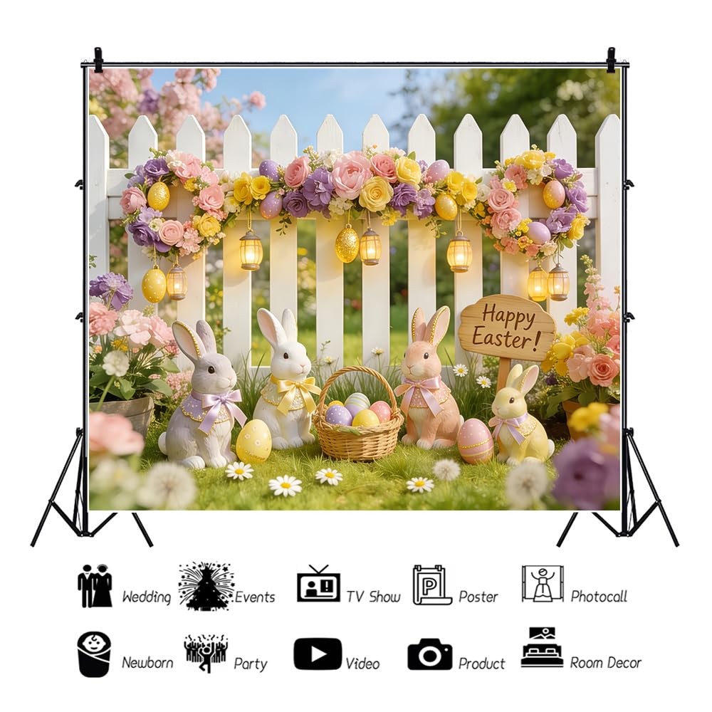 10x8ft Easter Backdrop Glitter Fence Flower Spring Garden Backdrops for Photo…
