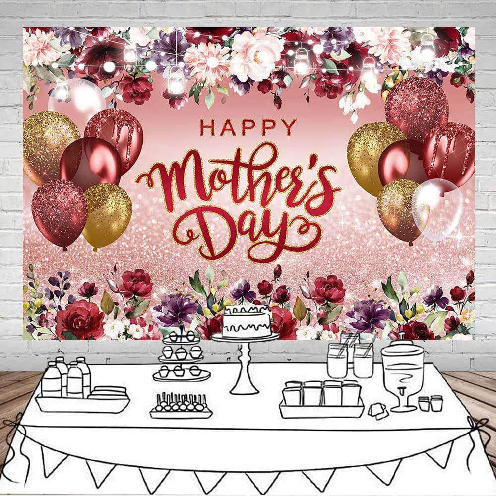 Happy Mother’s Day Backdrop Burgundy Flowers Rose Gold Glitter Photo Backgrou…