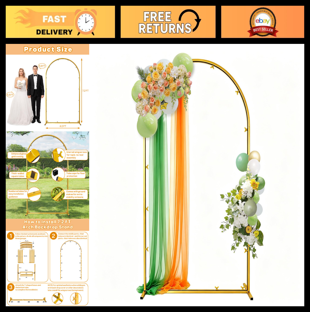 7.2ft Gold Metal Arch Backdrop Stand | Wedding, Baby Shower, Birthday Decor, Pho