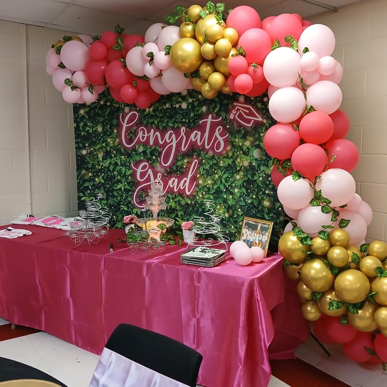 2025 Congrats Grad Backdrop Green Leaves Graduation Decoration Pink 7x5ft