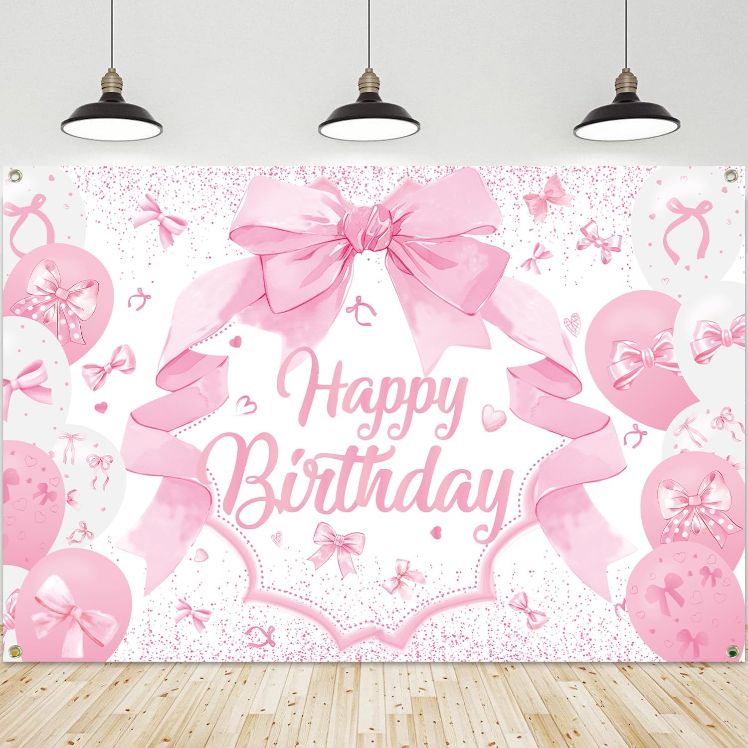 Pink Bow Coquette Girl Happy Birthday Decoration Photo Backdrop 71×47 In