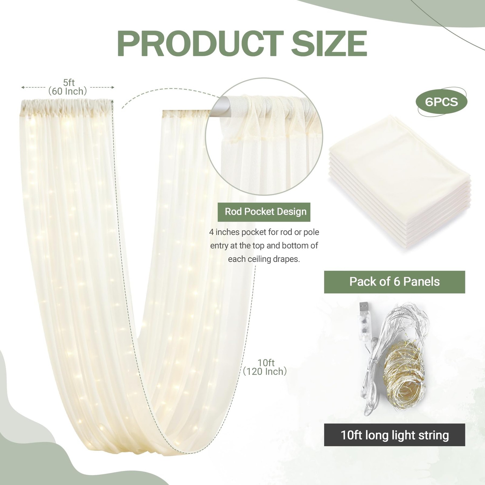 Ivory Ceiling Drapes with Lights – String Drapes for Wedding & Party Decorations